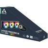 Opakowanie produktu "Chłodzenie CPU ARCTIC Liquid Freezer III Pro 420 A-RGB" z widocznymi trzema wentylatorami z podświetleniem A-RGB oraz logo ARCTIC. Na opakowaniu znajdują się napisy: "MX-6 included", "6 years limited warranty", "AMD AM5 | AM4", "Intel