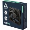Opakowanie wentylatora ARCTIC P14 Pro w kolorze czarnym z widocznym logo ARCTIC oraz napisami "LIMITED 6 YEARS WARRANTY" i "0dB MODE". Na opakowaniu znajduje się również tekst "EMPOWERED BY YOU" oraz specyfikacje techniczne w kilku językach.
