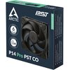 Opakowanie wentylatora ARCTIC P14 Pro PST CO przedstawia czarny wentylator z logo ARCTIC na środku, a obok znajdują się napisy: "LIMITED 6 YEARS WARRANTY", "0dB-MODE", "0dB", "<5% PWM". Na opakowaniu widnieje również napis "EMPOWERED BY YOU" oraz logo "PS