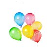 Na zdjęciu znajduje się sześć kolorowych balonów wypełnionych wodą, unoszących się w powietrzu, z widocznymi kroplami wody wokół nich. Balony mają kolory: niebieski, różowy, zielony, żółty i czerwony.