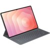 Etui na Galaxy Tab S11 Ultra SAMSUNG Book Cover Slim w kolorze czarnym z klawiaturą, prezentuje tablet z wyświetlaczem o gradientowym tle w odcieniach różu i pomarańczu. Klawiatura jest pełnowymiarowa, z widocznymi klawiszami funkcyjnymi i alfanumerycznym