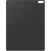 Czarne etui na tablet z geometrycznymi liniami na powierzchni, w lewym górnym rogu widoczne jest logo "SAMSUNG". W prawym górnym rogu znajduje się wycięcie na aparat.