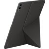 Czarne etui na tablet z widocznym logo "SAMSUNG" w dolnej części, posiadające złożoną konstrukcję umożliwiającą ustawienie urządzenia pod kątem. Na etui znajdują się dwa otwory na aparaty fotograficzne.