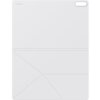 Białe etui na tablet z geometrycznymi liniami i wycięciem na aparat w prawym górnym rogu. W lewym górnym rogu widoczny jest napis "SAMSUNG".