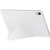 Białe etui na tablet z widocznym logo "SAMSUNG" oraz wycięciem na aparat, ustawione w pozycji stojącej dzięki zagięciu tylnej części.