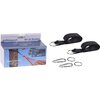 Pudełko z zestawem montażowym do hamaka zawiera zdjęcie drzewa z zamocowanym hamakiem oraz napisy: "Suspension kit for hammock Ophangset", "L:200cm", "2x". Obok pudełka znajdują się dwa czarne paski z metalowymi pierścieniami oraz dwa karabińczyki i dwa m