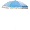 Niebieski parasol ogrodowy z białym wzorem w kratkę, ozdobiony frędzlami na krawędziach, zamocowany na białym stelażu. Produkt to "Parasol ogrodowy PROBEACH 1073774 Niebieski".
