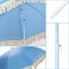 Niebieski parasol ogrodowy z białym wzorem w krzyżyki i frędzlami na krawędzi, przedstawiony z różnych perspektyw, w tym zbliżenie na biały trzonek i mechanizm regulacji. Produkt to "Parasol ogrodowy PROBEACH 1073774 Niebieski".