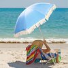 Na zdjęciu widać niebieski parasol ogrodowy z frędzlami, rozłożony na piaszczystej plaży przy brzegu morza. Pod parasolem znajduje się leżak z kolorowym ręcznikiem i osobą siedzącą na nim.