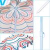 Parasol plażowy o wzorze w kolorowe, koncentryczne okręgi, z białym stelażem i szpicem. Widoczne są detale konstrukcji, takie jak mechanizm blokujący i końcówka szpica.