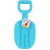 Niebieska plastikowa łopatka do piasku z dużym uchwytem, na której zawieszona jest etykieta z napisem "Shovel, Schaufel, Pelle, Schep" oraz logo "Eddy Toys". Etykieta przedstawia również obrazki łopatek w kolorach czerwonym i żółtym.