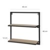 Dwupoziomowa półka kuchenna z metalową ramą i drewnianymi półkami, o wymiarach 40 cm szerokości, 40 cm wysokości i 12 cm głębokości. Półka posiada otwory montażowe w górnej części ramy.