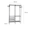 Czarna garderoba na ubrania z metalowym stelażem, posiadająca kilka półek i wieszaki po bokach. Wymiary produktu to 108 cm szerokości, 36 cm głębokości i 170 cm wysokości.