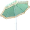 Zielony parasol ogrodowy z frędzlami na krawędziach, osadzony na metalowym stelażu. Czasza parasola ma wzór w drobne białe kropki.
