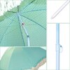 Zielony parasol ogrodowy z białym wzorem w kształcie krzyżyków, widoczny z różnych perspektyw, w tym zbliżenie na mechanizm otwierania i końcówkę stelaża. Parasol posiada frędzle na krawędzi materiału.