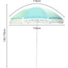 Na zdjęciu znajduje się zielony parasol ogrodowy z frędzlami, o wymiarach 174 cm szerokości i 145-170 cm wysokości, z oznaczeniem 153 cm na drążku. Parasol ma wzór w białe kropki i jest przedstawiony na białym tle.