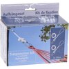 Pudełko z zestawem montażowym do hamaka, na którym widnieje napis "Suspension kit for hammock Ophangset voor hangmat" oraz ilustracja przedstawiająca elementy zestawu i czerwony hamak zawieszony na linach. Na opakowaniu znajdują się również napisy w innyc
