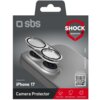 Opakowanie produktu z logo "sbs" przedstawia nakładkę na obiektyw do iPhone 17, z oznaczeniem "SHOCK RESISTANT" w czerwonym sześciokącie. Na dole opakowania znajdują się napisy "Designed for iPhone 17" oraz "Camera Protector", a także ikony z opisami: "AN