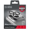 Opakowanie produktu z logo "sbs" przedstawia nakładkę na obiektyw do iPhone 17 Pro Max z napisem "SHOCK RESISTANT" w czerwonym sześciokącie. Na dole widnieje napis "Camera Protector" oraz ikony z opisami: "ANTI-GLARE", "DROP RESISTANT", "CLEAR PHOTOS".