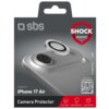 Opakowanie produktu z logo "sbs" przedstawia nakładkę na obiektyw telefonu, z napisem "SHOCK RESISTANT" w czerwonej tarczy. Widoczny jest tekst: "Designed for iPhone 17 Air", "Camera Protector", oraz ikony z opisami "ANTI-GLARE", "DROP RESISTANT", "CLEAR 