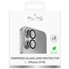 Opakowanie produktu z logo "PURO" na górze, przedstawiające nakładkę na obiektyw telefonu z napisem "TEMPERED GLASS LENS PROTECTOR for iPhone 17/16". Widoczne są oznaczenia "x3 STRONG" oraz "PLASTIC FREE PACKAGING".