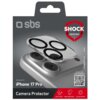 Opakowanie produktu z logo "sbs" przedstawia nakładkę na obiektyw aparatu dla iPhone 17 Pro, z oznaczeniami "SHOCK RESISTANT", "ANTI-GLARE", "DROP RESISTANT" oraz "CLEAR PHOTOS". Widoczny jest również kod QR oraz napis "Discover the easy installation".