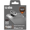 Opakowanie produktu z logo "sbs" i napisem "TRUSTED IMPACT PROTECTION" w pomarańczowym sześciokącie, przedstawiające nakładkę na obiektyw telefonu. Na dole widnieje napis "D3O Active Camera Lens Designed for iPhone 17 Air" oraz kod QR z instrukcją "Scan t