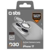 Opakowanie produktu z logo "sbs" i napisem "TRUSTED IMPACT PROTECTION" w pomarańczowym rombie, przedstawia nakładkę na obiektyw aparatu telefonu. Na dole widnieje napis "D3O Active Camera Lens Designed for iPhone 17" oraz kod QR z instrukcją "Scan the QR 
