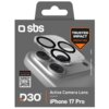 Opakowanie produktu z logo "sbs" przedstawia przezroczystą nakładkę na obiektyw aparatu z trzema otworami, przeznaczoną dla iPhone 17 Pro. Na opakowaniu widnieje napis "TRUSTED IMPACT PROTECTION" oraz kod QR z instrukcją "Scan the QR code and watch video"