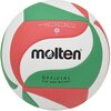 Piłka siatkowa w kolorach zielonym, czerwonym i białym z widocznym logo "molten" oraz napisem "OFFICIAL SIZE AND WEIGHT". Na piłce znajduje się również oznaczenie "4000" i "Size 4".