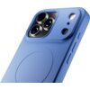 Niebieskie etui na telefon z trzema wycięciami na aparaty oraz dodatkowymi otworami na inne elementy. Na powierzchni etui widoczny jest okrągły wzór, a po bokach znajdują się przyciski.