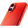 Czerwone etui na telefon z widocznymi dwoma otworami na aparaty oraz okrągłym wzorem na środku. Po bokach znajdują się trzy przyciski.