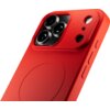 Czerwone etui na telefon z trzema wycięciami na aparaty oraz dodatkowymi otworami na inne elementy. Na boku etui znajdują się przyciski.