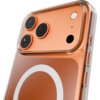 Przezroczyste etui na telefon z trzema widocznymi aparatami i okrągłym wzorem na pomarańczowym tle. Etui posiada wycięcia na przyciski i porty.
