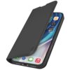 Czarne etui typu wallet book na smartfon, częściowo otwarte, z widocznym ekranem urządzenia z ikonami aplikacji. Na etui znajduje się logo "sbs".