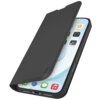 Czarne etui typu wallet book na smartfon z widocznym logo "sbs" na okładce, częściowo otwarte, ukazujące ekran telefonu z ikonami aplikacji. Na ekranie widoczne są ikony aplikacji takich jak Wiadomości, Muzyka, Home, Watch i Utilities.