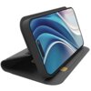Czarne etui typu wallet book do telefonu, ustawione w pozycji stojącej, z widocznym ekranem urządzenia wyświetlającym abstrakcyjną grafikę w odcieniach niebieskiego i białego. Wewnątrz etui znajduje się kieszonka na karty.