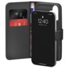 Czarne etui na telefon z funkcją portfela, zawierające dwie karty płatnicze i banknot, obok którego znajduje się telefon z wyświetlaczem pokazującym godzinę 12:40 i datę "Monday, 2 June".