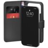 Czarne etui na telefon z funkcją portfela, zawierające dwie karty płatnicze i banknot, obok którego znajduje się smartfon z wyświetlaczem pokazującym godzinę 12:40 oraz datę "Monday, 2 June". Na ekranie telefonu widoczny jest symbol blokady i napis "Servi