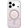 Przezroczyste etui na telefon z trzema dużymi otworami na aparaty, ozdobione brokatowym wzorem w kształcie okręgu i serduszek. W dolnej części etui widoczne są drobne, błyszczące elementy w kształcie serc.