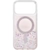 Przezroczyste etui z brokatowym wzorem w kształcie okręgu i serduszek, przeznaczone do modelu Apple iPhone 17 Pro Max. Produkt posiada funkcję magnetycznego ładowania.