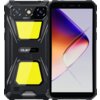 Czarny smartfon OUKITEL G5 z ekranem 6 cali, widoczny z przodu i z tyłu; z tyłu znajdują się dwa obiektywy aparatu, żółte akcenty oraz logo "OUKITEL". Na ekranie wyświetlany jest gradientowy obraz w odcieniach fioletu i pomarańczu.