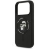 Czarne etui na telefon z okrągłym nadrukiem przedstawiającym postacie w okularach przeciwsłonecznych oraz napisem "KARL LAGERFELD" powtarzającym się wokół grafiki. Etui ma wycięcie na aparat oraz przyciski po boku.