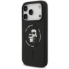 Czarne etui na telefon z trzema wycięciami na aparaty oraz grafiką przedstawiającą postacie w okularach przeciwsłonecznych, otoczone napisem "KARL LAGERFELD". Produkt posiada funkcję MagSafe i jest przeznaczony do modelu Apple iPhone 17 Pro.