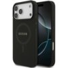 Czarne etui na telefon z widocznym logo "GUESS" oraz okrągłym wzorem na tylnej części, obok którego znajduje się telefon z wyświetlaczem pokazującym abstrakcyjny wzór. Etui posiada wycięcia na aparat i przyciski boczne.