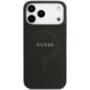 Czarne etui na telefon z widocznym logo "GUESS" na środku, posiada wycięcia na trzy obiektywy aparatu oraz dodatkowe otwory na inne elementy telefonu. Na powierzchni etui widoczny jest subtelny wzór oraz okrągły zarys, sugerujący kompatybilność z MagSafe.