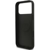 Czarne etui na telefon z wycięciem na aparat, z widocznym napisem "GUESS" na wewnętrznej stronie. Etui ma gładką powierzchnię i jest przeznaczone do modelu z funkcją MagSafe.