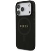Czarne etui na telefon z widocznym logo "GUESS" na środku, posiada okrągły wzór sugerujący kompatybilność z MagSafe. Etui ma wycięcia na trzy obiektywy aparatu oraz przyciski boczne.