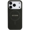 Czarne etui na telefon z trzema wycięciami na aparaty i napisem "GUESS" na środku. Etui ma teksturę przypominającą skórę saffiano i jest przystosowane do technologii MagSafe.