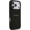 Czarne etui na telefon z widocznym logo "GUESS" na środku, posiada okrągły wzór sugerujący kompatybilność z MagSafe. Etui ma wycięcia na aparat i przyciski boczne.